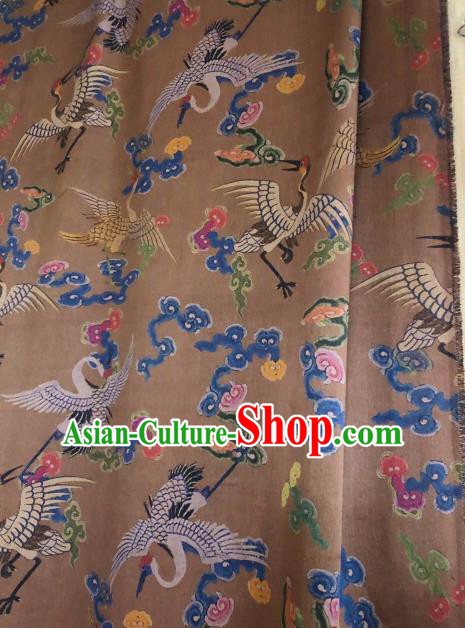 Asian Chinese Classical Cloud Cranes Pattern Brown Satin Drapery Gambiered Guangdong Gauze Brocade Traditional Cheongsam Brocade Silk Fabric