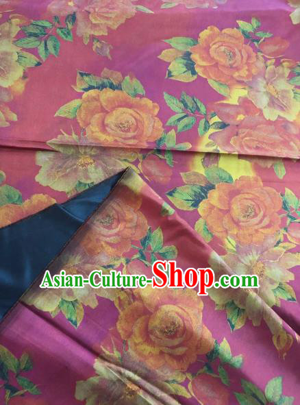 Asian Chinese Classical Roses Pattern Purple Satin Drapery Gambiered Guangdong Gauze Brocade Traditional Cheongsam Brocade Silk Fabric