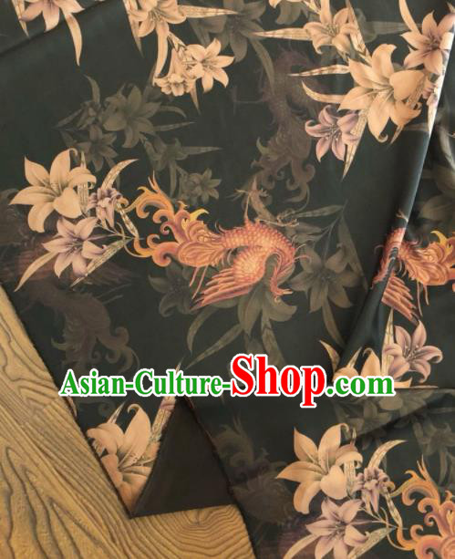 Asian Chinese Classical Lily Flowers Pattern Black Satin Drapery Gambiered Guangdong Gauze Brocade Traditional Cheongsam Brocade Silk Fabric