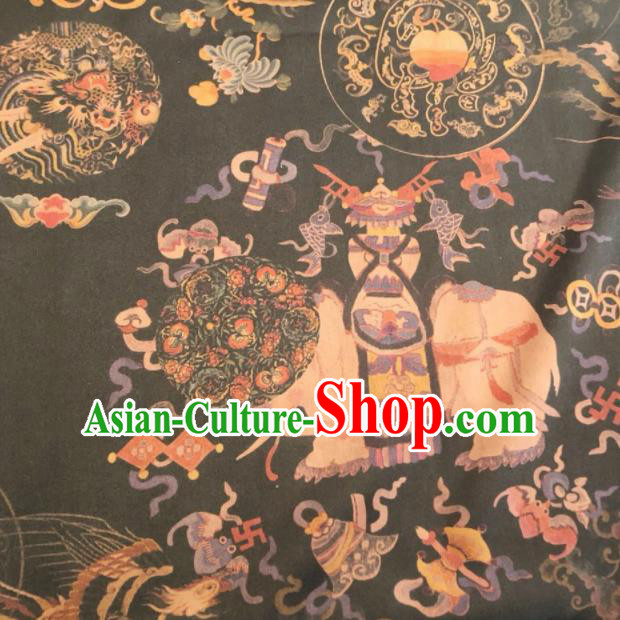 Asian Chinese Classical Elephant Pattern Black Satin Drapery Gambiered Guangdong Gauze Brocade Traditional Cheongsam Brocade Silk Fabric