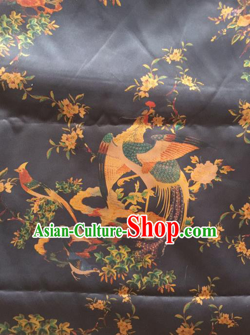 Asian Chinese Classical Phoenix Pattern Black Satin Drapery Gambiered Guangdong Gauze Brocade Traditional Cheongsam Brocade Silk Fabric