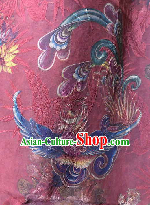 Asian Chinese Classical Phoenix Pattern Wine Red Satin Drapery Gambiered Guangdong Gauze Brocade Traditional Cheongsam Brocade Silk Fabric