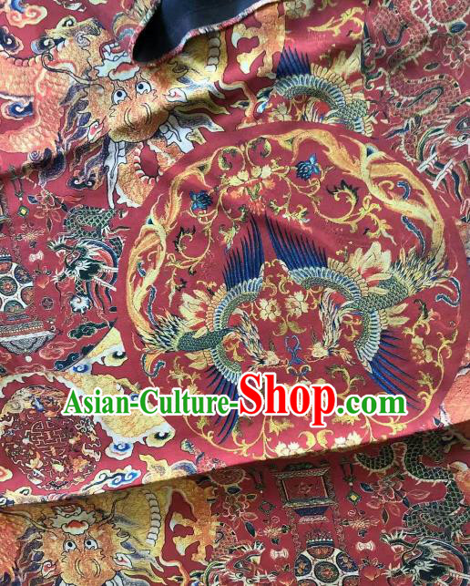 Asian Chinese Classical Dragon Phoenix Pattern Wine Red Satin Drapery Gambiered Guangdong Gauze Brocade Traditional Cheongsam Brocade Silk Fabric