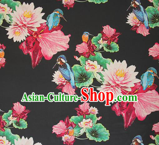 Asian Chinese Classical Lotus Birds Pattern Black Satin Drapery Gambiered Guangdong Gauze Brocade Traditional Cheongsam Brocade Silk Fabric