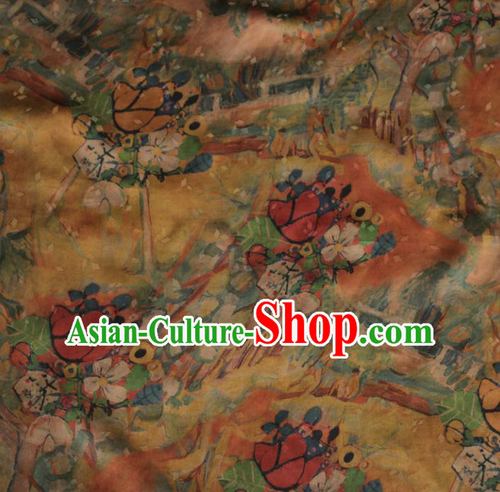 Asian Chinese Classical Pattern Yellow Gambiered Guangdong Gauze Satin Drapery Brocade Traditional Cheongsam Brocade Silk Fabric