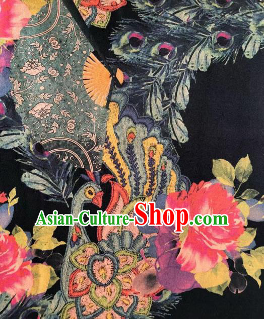 Asian Chinese Classical Peacock Peony Pattern Black Satin Drapery Gambiered Guangdong Gauze Brocade Traditional Cheongsam Brocade Silk Fabric