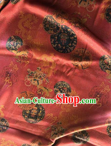 Asian Chinese Classical Dragons Pattern Red Satin Drapery Gambiered Guangdong Gauze Brocade Traditional Cheongsam Brocade Silk Fabric