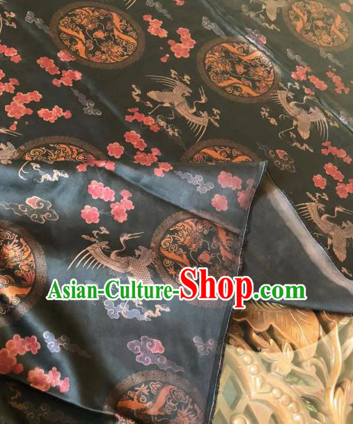 Asian Chinese Classical Cloud Crane Pattern Black Satin Drapery Gambiered Guangdong Gauze Brocade Traditional Cheongsam Brocade Silk Fabric