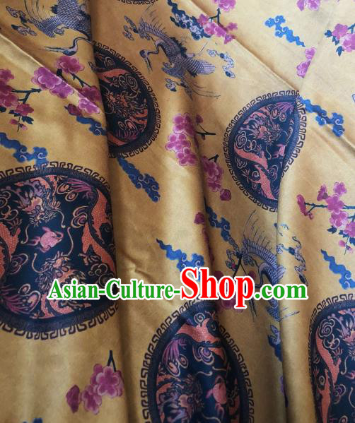 Asian Chinese Classical Plum Cranes Pattern Yellow Satin Drapery Gambiered Guangdong Gauze Brocade Traditional Cheongsam Brocade Silk Fabric