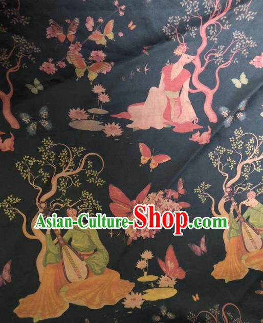 Asian Chinese Classical Beauty Pattern Navy Satin Drapery Gambiered Guangdong Gauze Brocade Traditional Cheongsam Brocade Silk Fabric