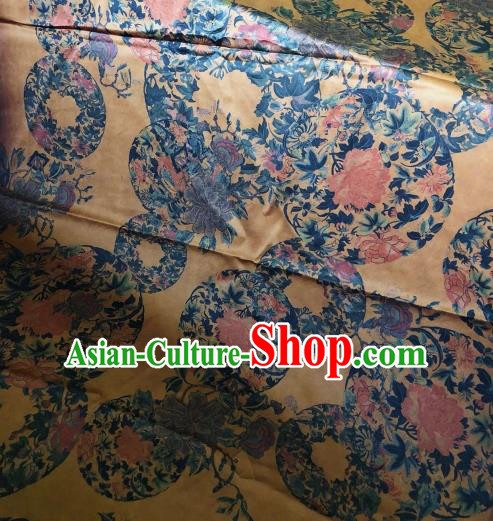 Asian Chinese Classical Peony Pattern Yellow Satin Drapery Gambiered Guangdong Gauze Brocade Traditional Cheongsam Brocade Silk Fabric