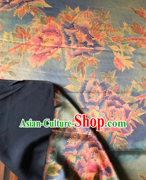 Asian Chinese Classical Peony Pattern Blue Satin Drapery Gambiered Guangdong Gauze Brocade Traditional Cheongsam Brocade Silk Fabric