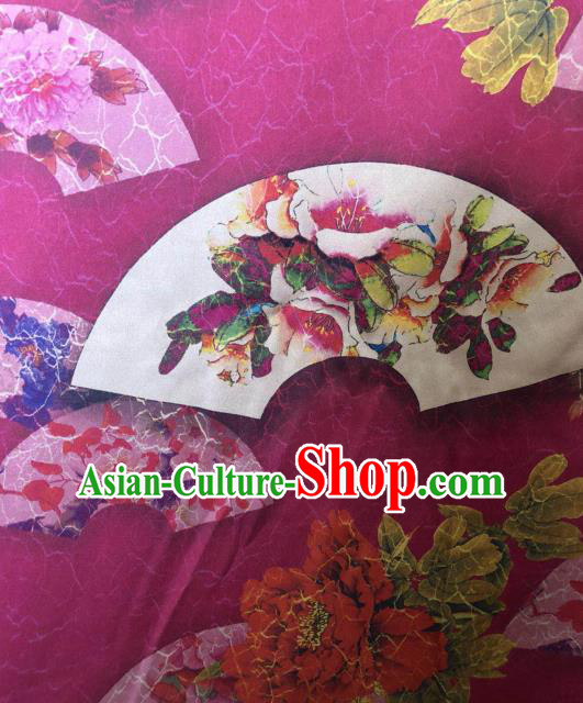 Asian Chinese Classical Peony Fan Pattern Rosy Satin Drapery Gambiered Guangdong Gauze Brocade Traditional Cheongsam Brocade Silk Fabric