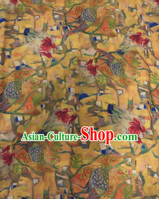 Asian Chinese Classical Peacock Pattern Yellow Satin Drapery Gambiered Guangdong Gauze Brocade Traditional Cheongsam Brocade Silk Fabric