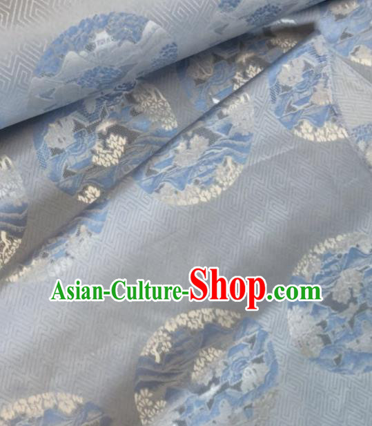 Asian Chinese Classical Pattern Blue Satin Drapery Gambiered Guangdong Gauze Brocade Traditional Cheongsam Brocade Silk Fabric