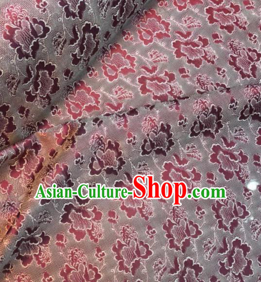 Asian Chinese Classical Peony Pattern Amaranth Satin Drapery Gambiered Guangdong Gauze Brocade Traditional Cheongsam Brocade Silk Fabric