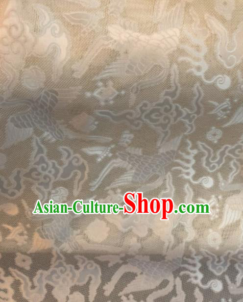 Asian Chinese Classical Cloud Cranes Pattern White Satin Drapery Gambiered Guangdong Gauze Brocade Traditional Cheongsam Brocade Silk Fabric