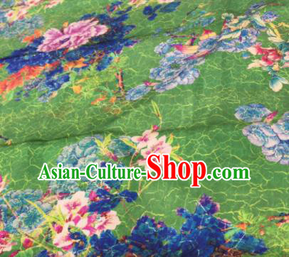 Asian Chinese Classical Peony Pattern Green Satin Drapery Gambiered Guangdong Gauze Brocade Traditional Cheongsam Brocade Silk Fabric