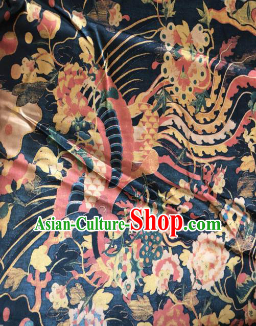 Asian Chinese Classical Cloud Phoenix Pattern Navy Satin Drapery Gambiered Guangdong Gauze Brocade Traditional Cheongsam Brocade Silk Fabric