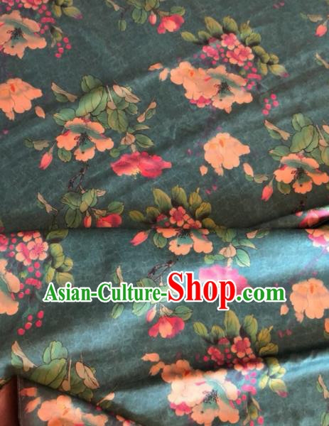 Asian Chinese Classical Pear Flowers Pattern Deep Green Satin Drapery Gambiered Guangdong Gauze Brocade Traditional Cheongsam Brocade Silk Fabric