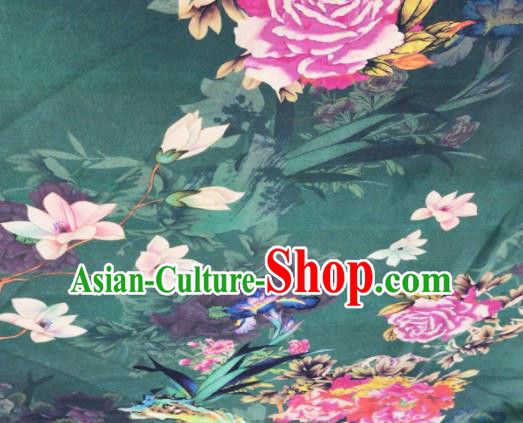 Asian Chinese Classical Peony Pattern Atrovirens Satin Drapery Gambiered Guangdong Gauze Brocade Traditional Cheongsam Brocade Silk Fabric