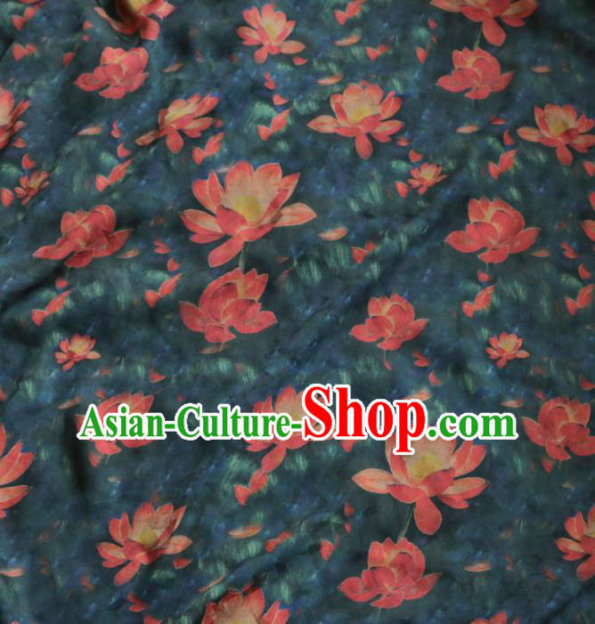 Asian Chinese Classical Lotus Pattern Atrovirens Gambiered Guangdong Gauze Satin Drapery Brocade Traditional Cheongsam Brocade Silk Fabric