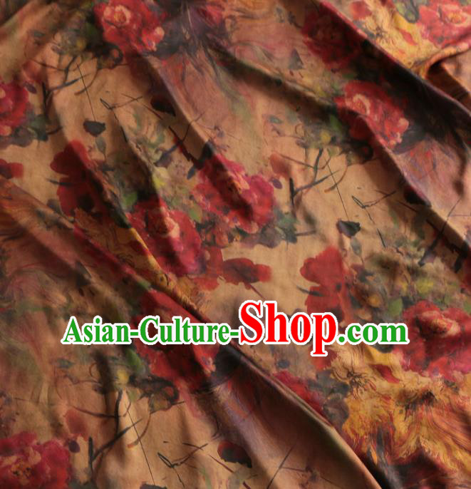 Asian Chinese Classical Peony Pattern Khaki Gambiered Guangdong Gauze Satin Drapery Brocade Traditional Cheongsam Brocade Silk Fabric