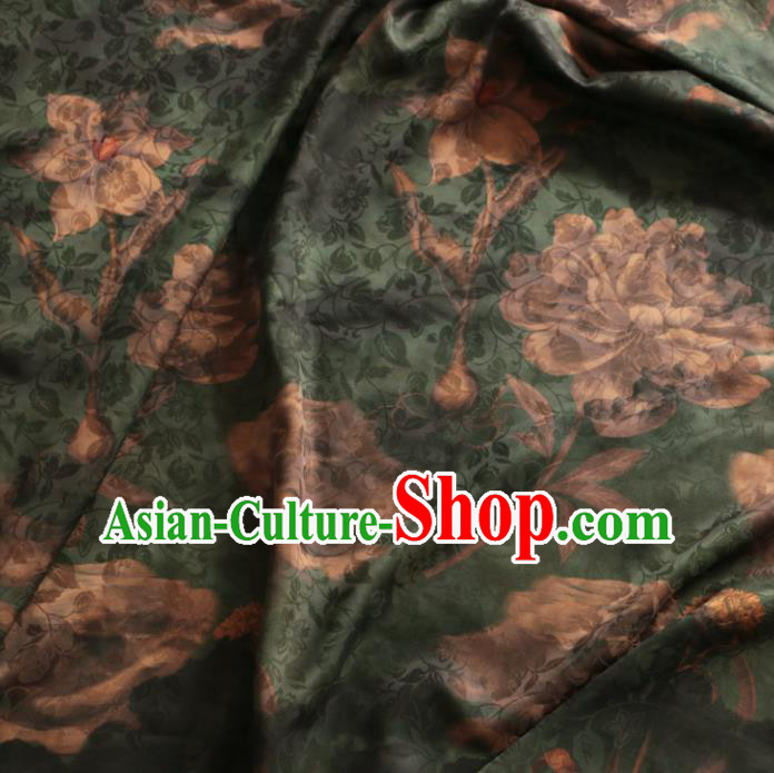 Asian Chinese Classical Pattern Green Gambiered Guangdong Gauze Satin Drapery Brocade Traditional Cheongsam Brocade Silk Fabric