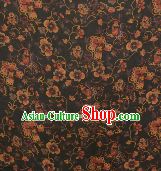 Asian Chinese Classical Phoenix Flowers Pattern Black Gambiered Guangdong Gauze Satin Drapery Brocade Traditional Cheongsam Brocade Silk Fabric