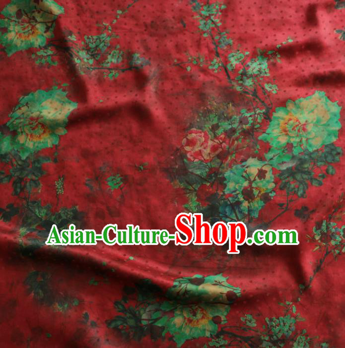 Asian Chinese Classical Peony Plum Pattern Red Gambiered Guangdong Gauze Satin Drapery Brocade Traditional Cheongsam Brocade Silk Fabric