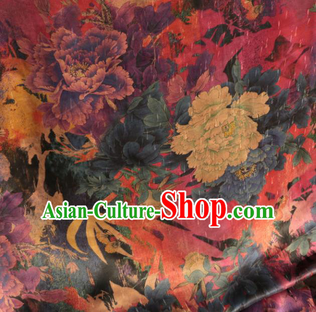 Asian Chinese Classical Peony Pattern Rosy Gambiered Guangdong Gauze Satin Drapery Brocade Traditional Cheongsam Brocade Silk Fabric