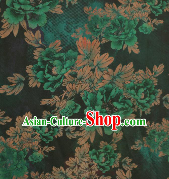 Asian Chinese Classical Green Peony Pattern Navy Gambiered Guangdong Gauze Satin Drapery Brocade Traditional Cheongsam Brocade Silk Fabric