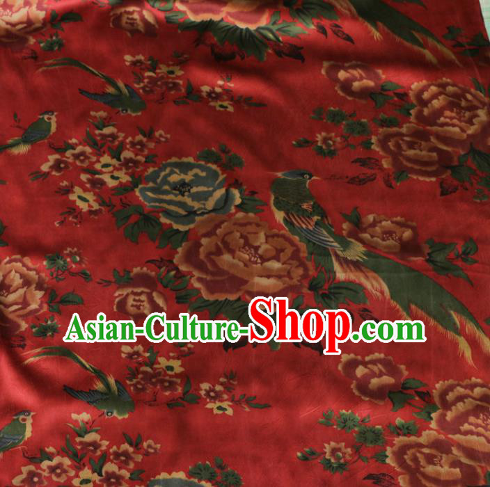 Asian Chinese Classical Peony Birds Pattern Red Gambiered Guangdong Gauze Satin Drapery Brocade Traditional Cheongsam Brocade Silk Fabric