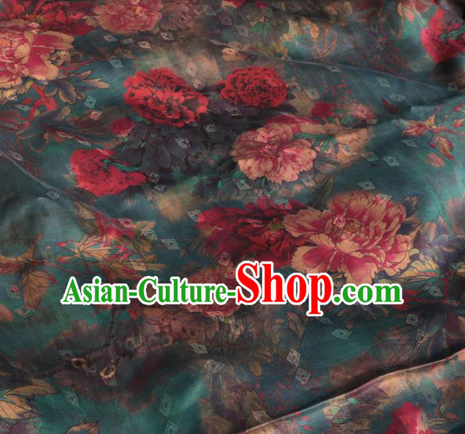 Asian Chinese Classical Peony Pattern Blue Gambiered Guangdong Gauze Satin Drapery Brocade Traditional Cheongsam Brocade Silk Fabric