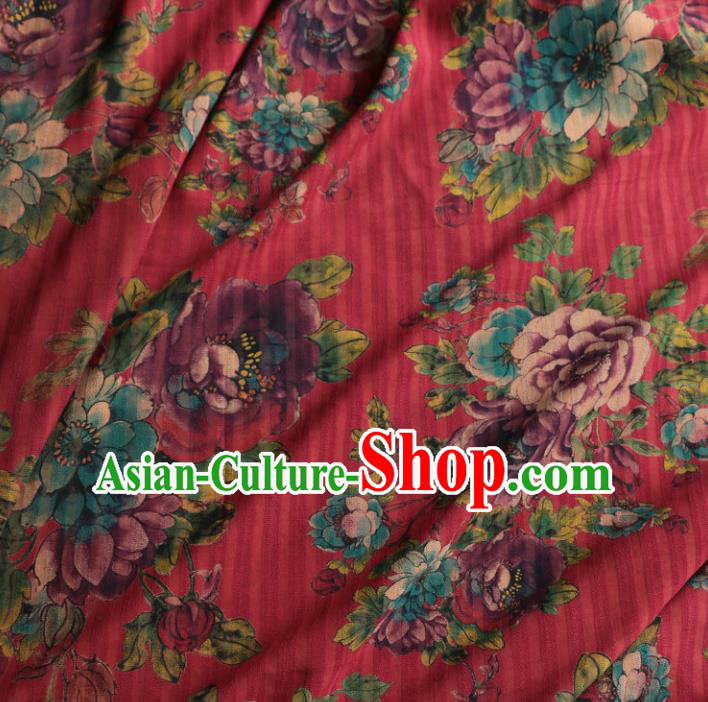 Asian Chinese Classical Peony Pattern Red Gambiered Guangdong Gauze Satin Drapery Brocade Traditional Cheongsam Brocade Silk Fabric