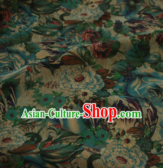 Asian Chinese Classical Pattern Green Gambiered Guangdong Gauze Satin Drapery Brocade Traditional Cheongsam Brocade Silk Fabric