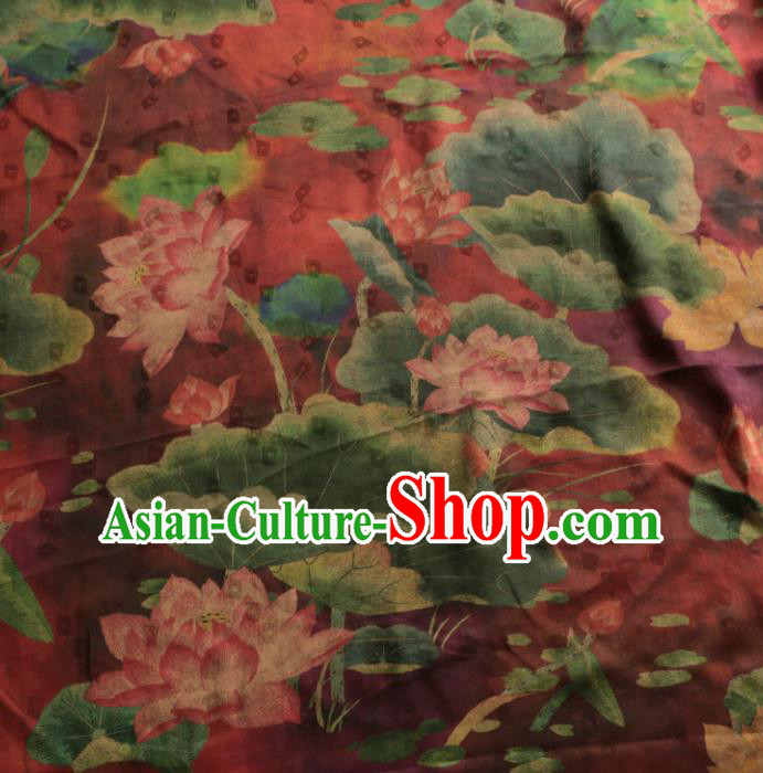 Asian Chinese Classical Lotus Pattern Wine Red Gambiered Guangdong Gauze Satin Drapery Brocade Traditional Cheongsam Brocade Silk Fabric