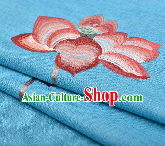 Asian Chinese Cheongsam Classical Embroidered Lotus Pattern Blue Satin Drapery Brocade Traditional Brocade Silk Fabric