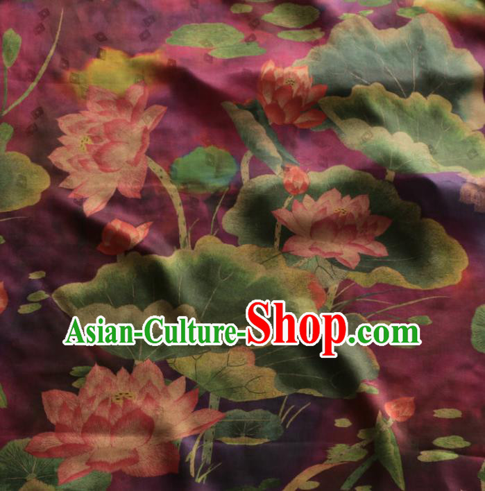 Asian Chinese Classical Lotus Pattern Purple Gambiered Guangdong Gauze Satin Drapery Brocade Traditional Cheongsam Brocade Silk Fabric