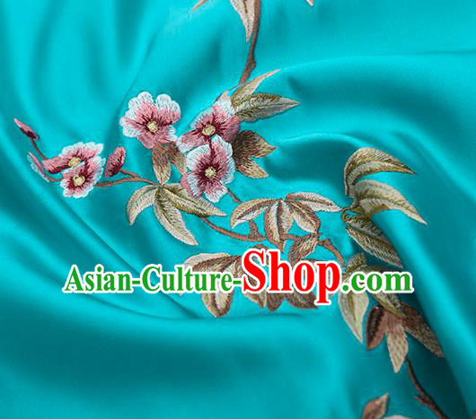 Asian Chinese Cheongsam Classical Embroidered Plum Pattern Blue Satin Drapery Brocade Traditional Brocade Silk Fabric