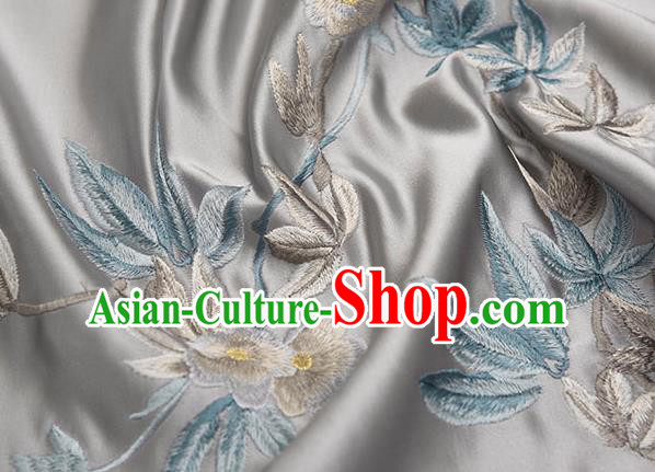 Asian Chinese Cheongsam Classical Embroidered Plum Pattern Grey Satin Drapery Brocade Traditional Brocade Silk Fabric