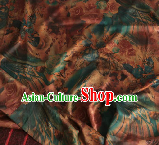 Asian Chinese Classical Roses Pattern Blue Gambiered Guangdong Gauze Satin Drapery Brocade Traditional Cheongsam Brocade Silk Fabric