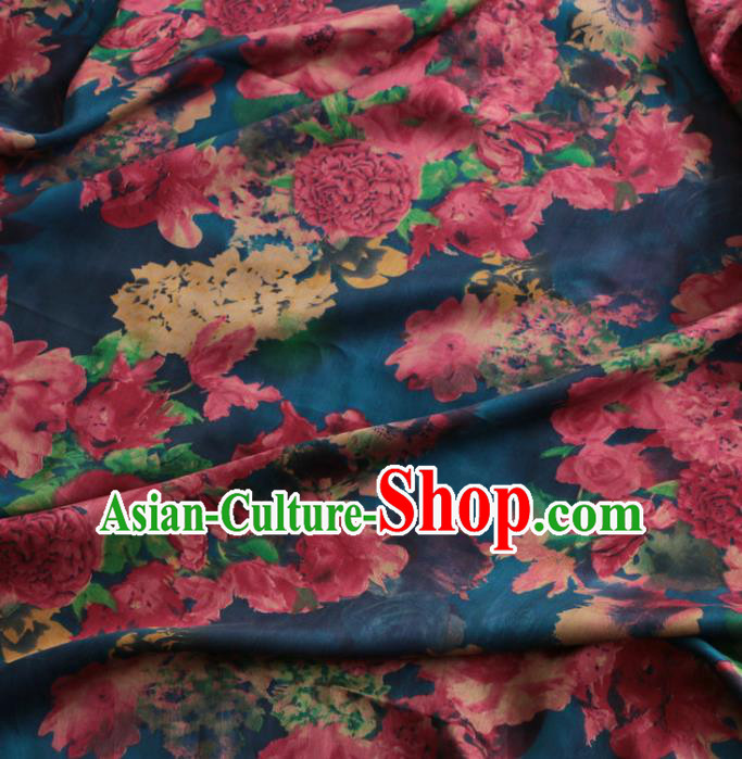 Asian Chinese Classical Peony Pattern Blue Gambiered Guangdong Gauze Satin Drapery Brocade Traditional Cheongsam Brocade Silk Fabric