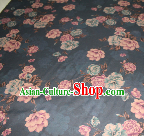 Asian Chinese Cheongsam Classical Roses Pattern Navy Gambiered Guangdong Gauze Satin Drapery Brocade Traditional Brocade Silk Fabric