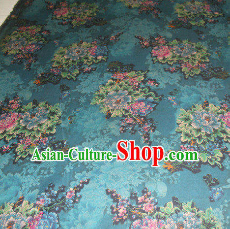 Asian Chinese Cheongsam Classical Peony Pattern Blue Gambiered Guangdong Gauze Satin Drapery Brocade Traditional Brocade Silk Fabric