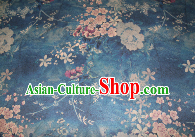 Asian Chinese Cheongsam Classical Plum Pattern Blue Gambiered Guangdong Gauze Satin Drapery Brocade Traditional Brocade Silk Fabric