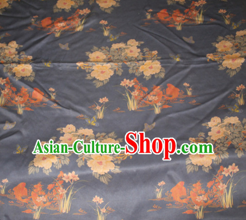 Chinese Traditional Cheongsam Classical Orchid Peony Pattern Black Gambiered Guangdong Gauze Asian Satin Drapery Brocade Silk Fabric