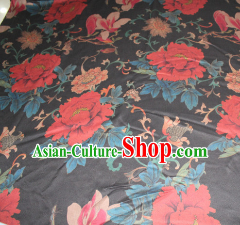 Chinese Traditional Cheongsam Classical Red Peony Pattern Black Gambiered Guangdong Gauze Asian Satin Drapery Brocade Silk Fabric