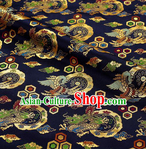 Japanese Traditional Kimono Classical Dragons Pattern Navy Brocade Asian Japan Satin Drapery Silk Fabric