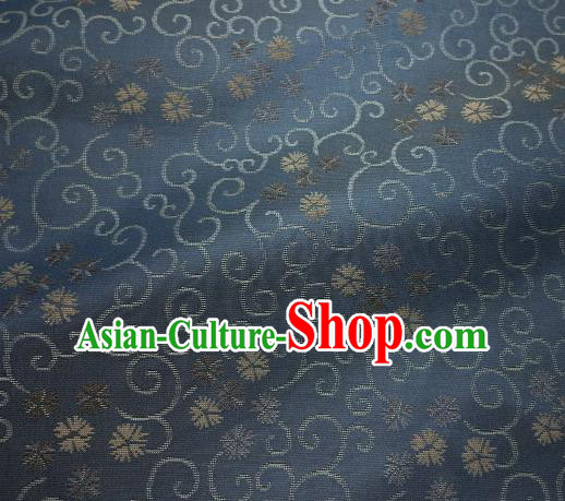 Japanese Traditional Kimono Classical Floral Scrolls Pattern Navy Brocade Asian Japan Satin Drapery Silk Fabric